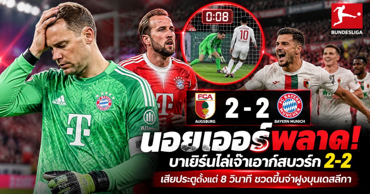 มานูเอล นอยเออร์ ผู้รักษาประตูบาเยิร์น มิวนิค กับกราฟิกผลเสมอเอาก์สบวร์ก 2-2 ในศึกบุนเดสลีกา 2026/27